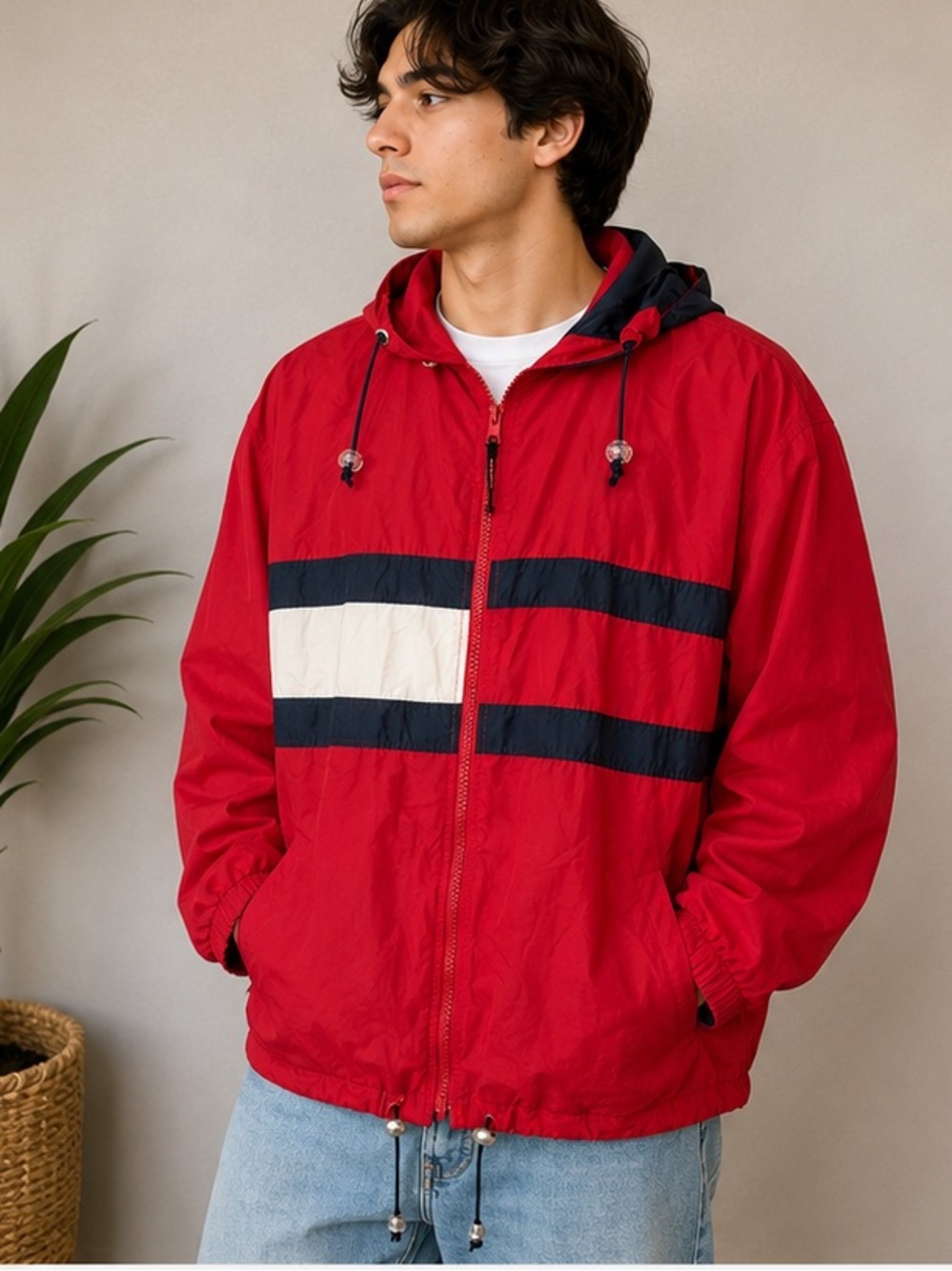 Vintage Tommy Hilfiger Red Hooded Windbreaker with Navy & White Stripes
